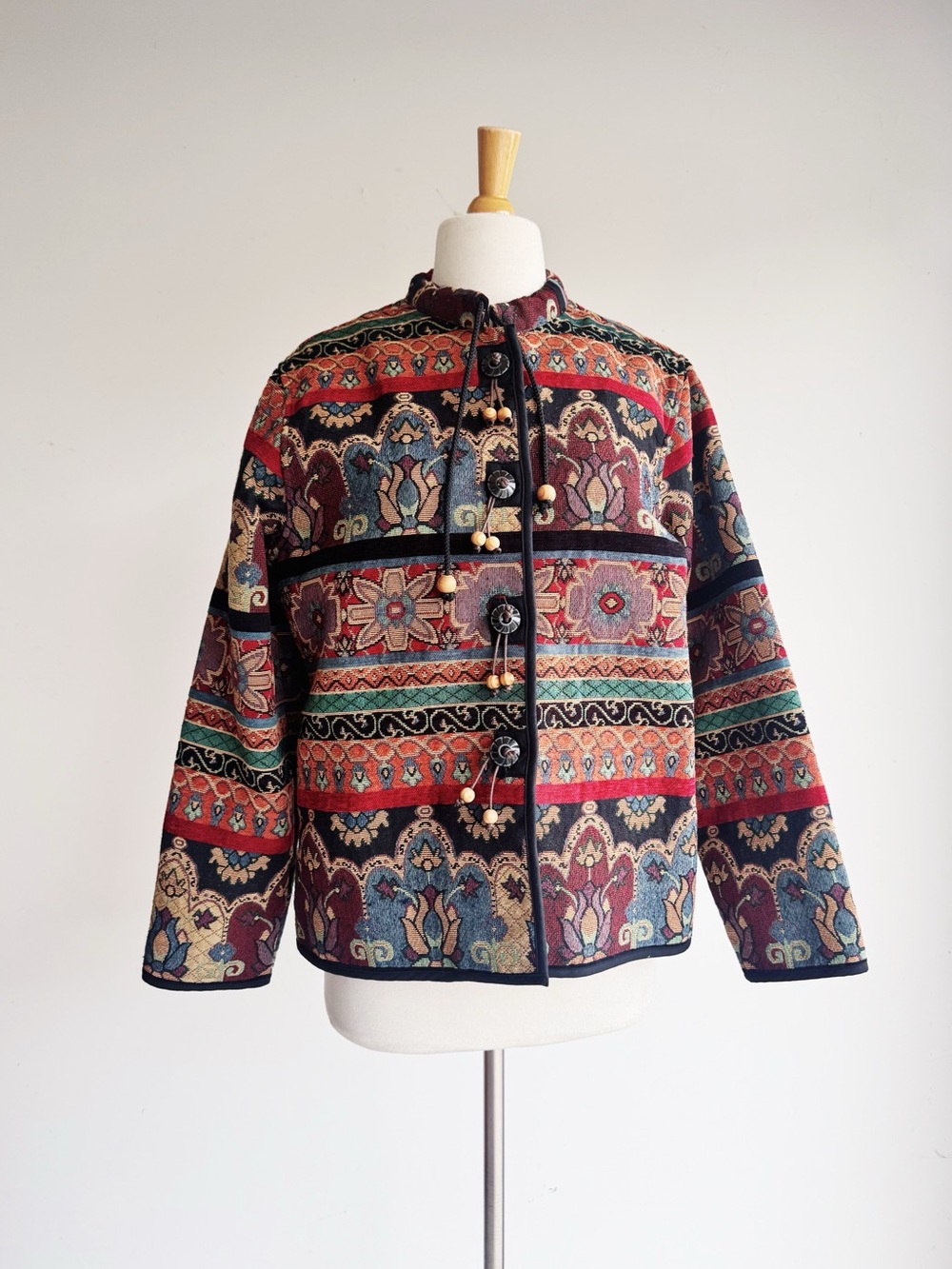 Vintage Flashback Tapestry Jacket Boho Folk Art Wooden Beads S M
